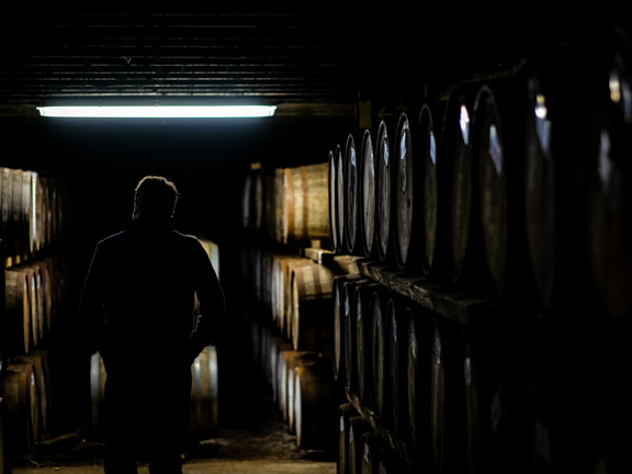 Person standing in dimly lit room surrounded by whisky barrels