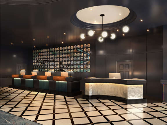 Artists impression of hotel reception - marble checkerboard floor, multiple round artwork pieces on a dark accent wall behind a long black and white reception desk.