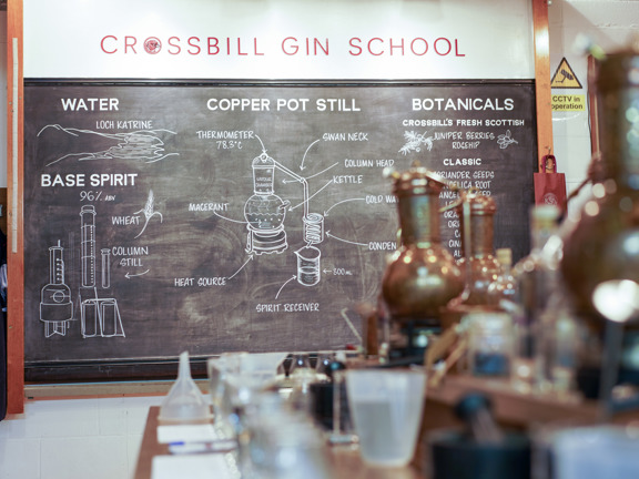Blackboard with Crossbill Gin School written across the top with chalk images explaining the distilling process. 