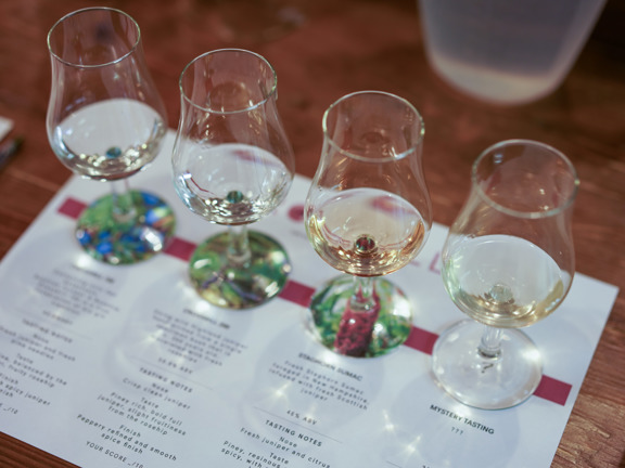 Four gin tasting glasses with tasting notes written on a sheet of white paper