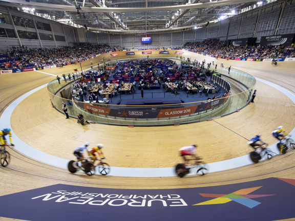 Cyclists compete in front of crowds in the Sir Chris Hoy Velodrome during the European Championships 2018.