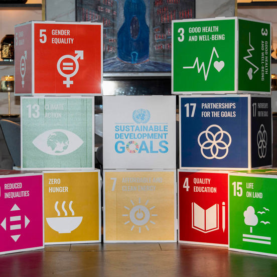 10 large paper cubes piled in a pyramid shape, with one of the UN Sustainable Development Goals on each